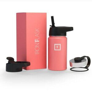 Iron Flask Stainless Steel Sports Water Bottle - 14 Oz, 3 Lids (Straw Lid) Peach